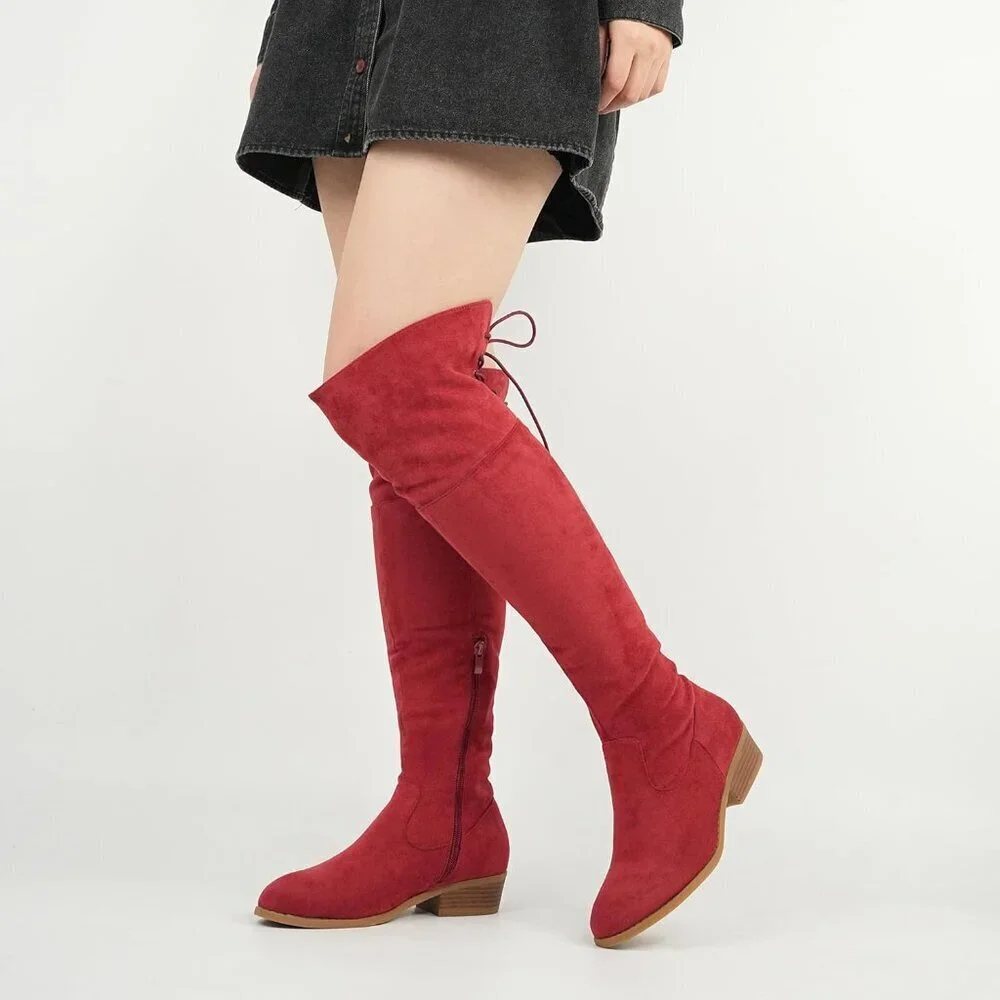 Women's Red Faux Suede Thigh High Over The Knee Black Low Flat Heel Boots